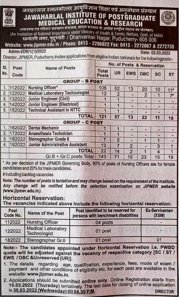 jipmer nursing officer vacancy 2022